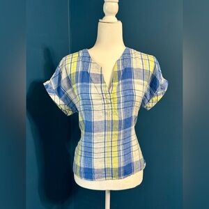 LL Bean Signature V neck 100% Linen S/S Plaid Shirt Size XS